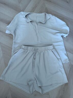 SHEIN Neutral Cream Loungewear Set - Short Sleeve Top & Drawstring Shorts